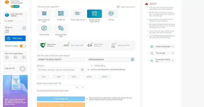 Hướng dẫn nạp tiền BK8 chi tiết