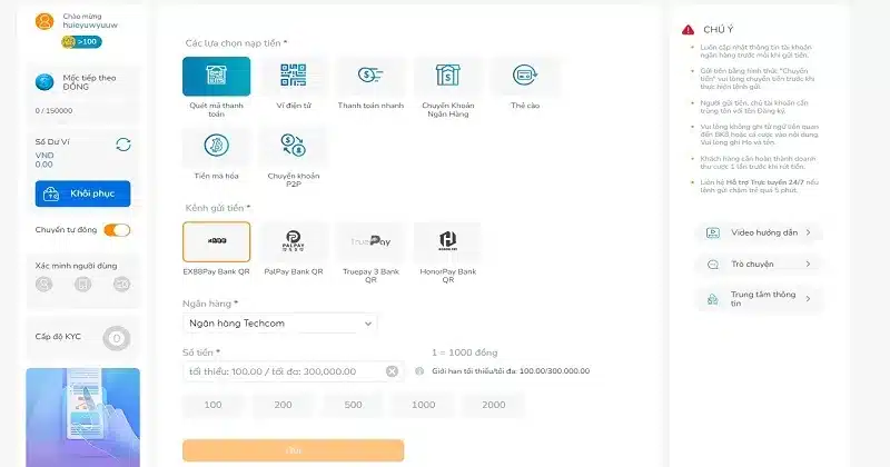 Hướng dẫn nạp tiền BK8 chi tiết
