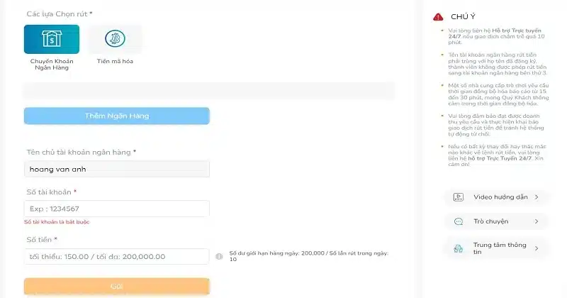Rút tiền BK8 qua chuyển khoản ngân hàng